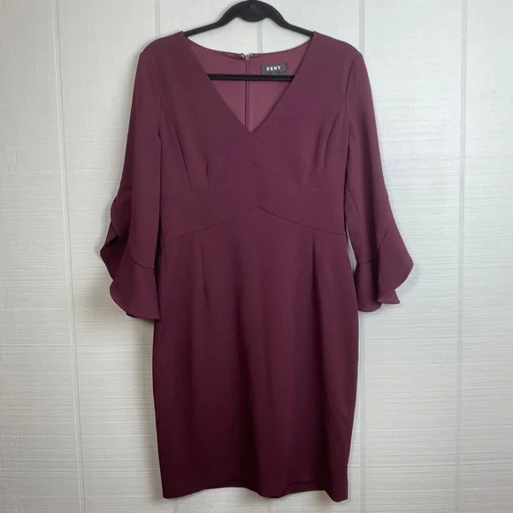 Dkny | Dresses | Dkny Burgundy Sheath Pencil Formal Dress Vneck Bell  Sleeves | Poshmark